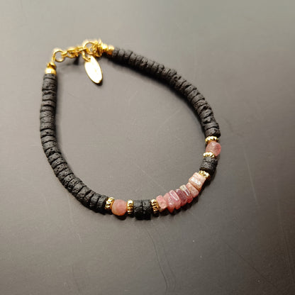 Pink Tourmaline chips and lava Stone Bracelet