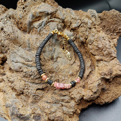 Pink Tourmaline chips and lava Stone Bracelet