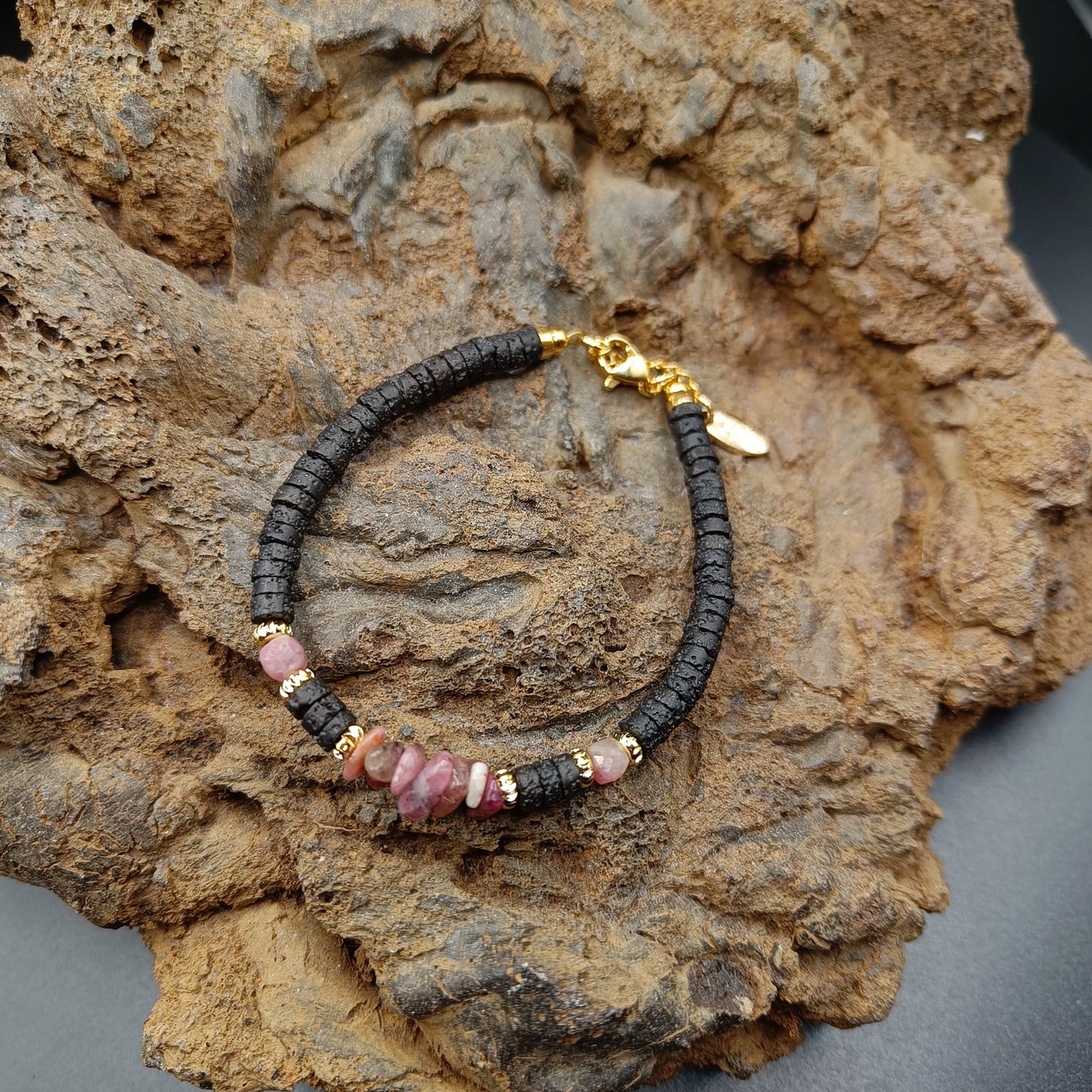 Pink Tourmaline Raw Shards and lava Stone Bracelet