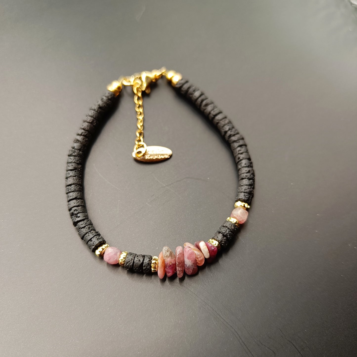 Pink Tourmaline Raw Shards and lava Stone Bracelet