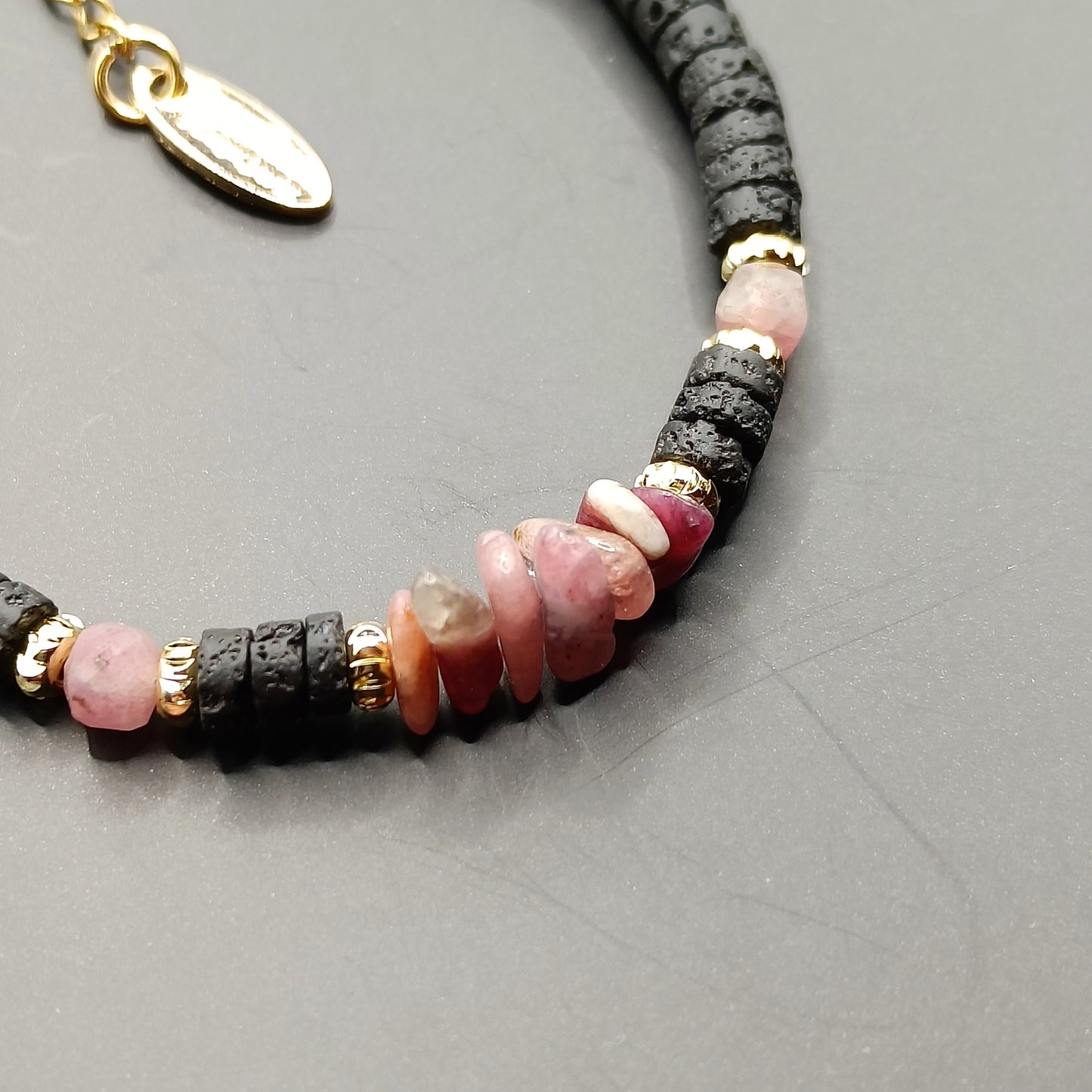 Pink Tourmaline Raw Shards and lava Stone Bracelet