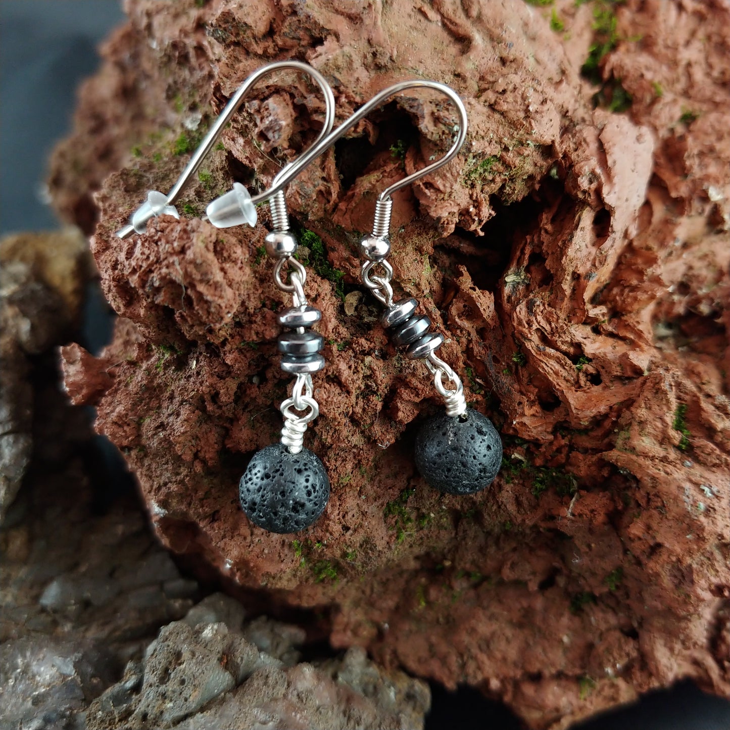 Lava and Hematite Dangle Earrings