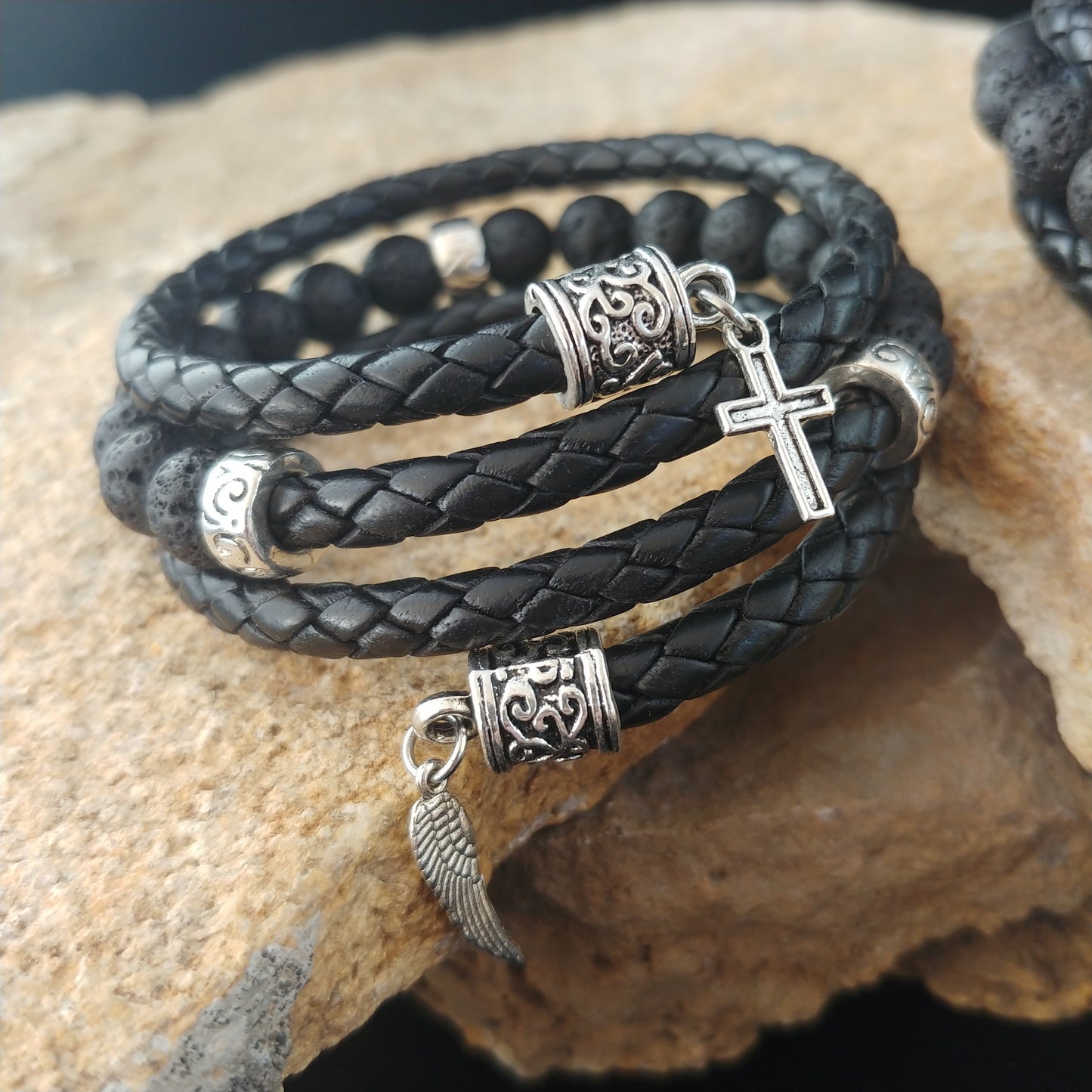 Wrapped leather bracelets with Lava and Charms
