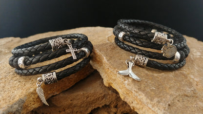 Wrapped leather bracelets with Lava and Charms