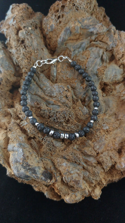 Dainty Lava Bracelet with small Lava Rock and Hematite beads