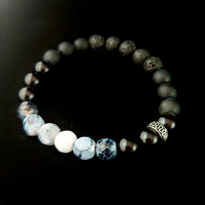 Unisex Onyx and Lava Bracelet with Bluish-Gray Agate Beads