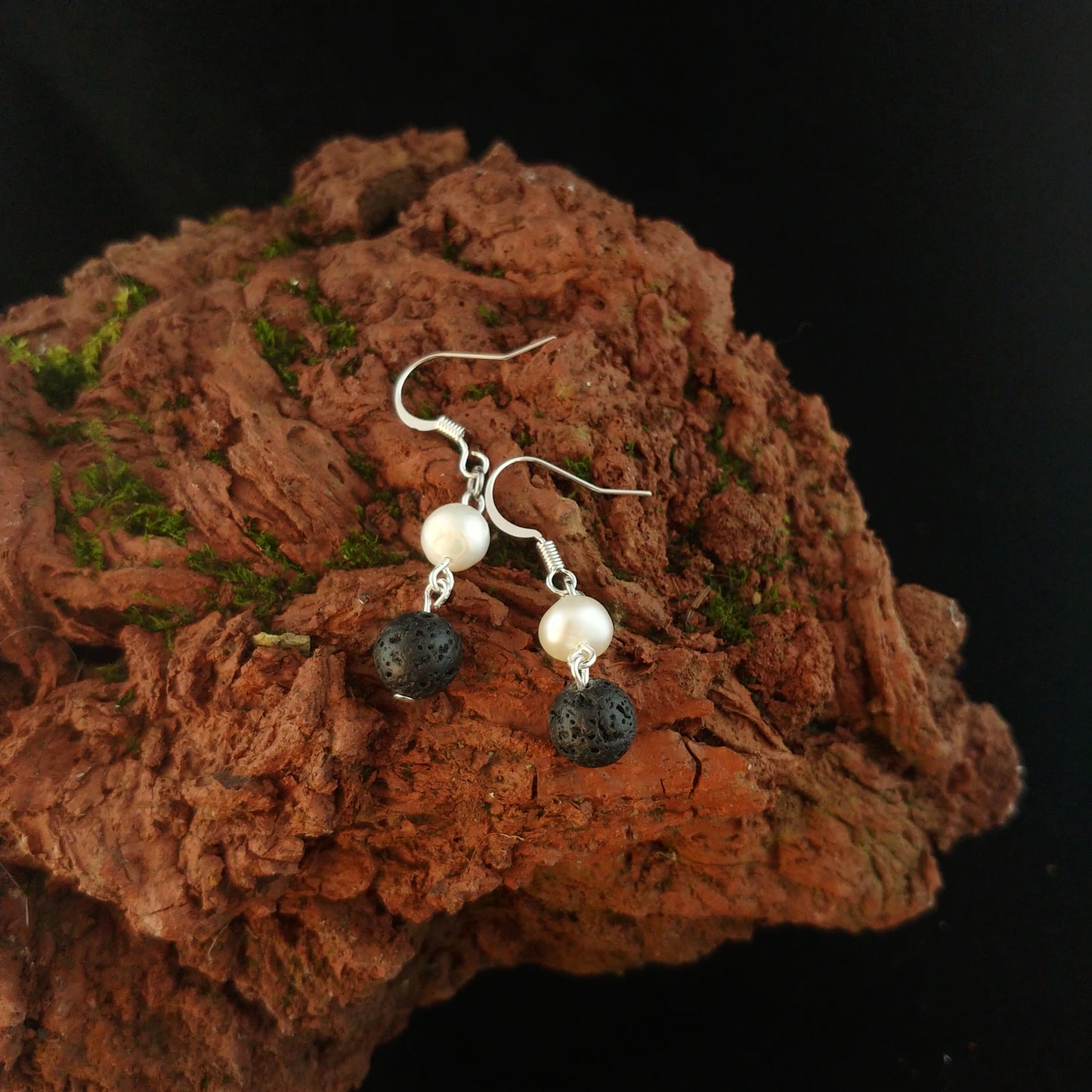 Freshwater Pearl and Lava Rock Earrings - Icelandic Nature Jewelry