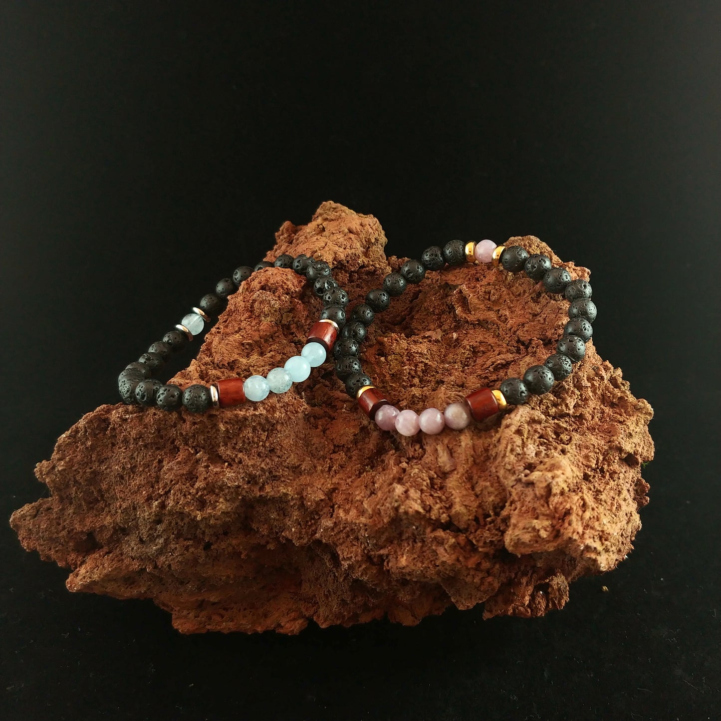 Aquamarine and Rose Quartz Lava and Wood Bracelets