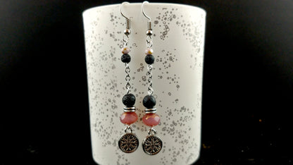 Long Ægishjálmur - Helm of Awe - Lava Rock Earrings with Pink Picasso Beads - Icelandic Jewelry