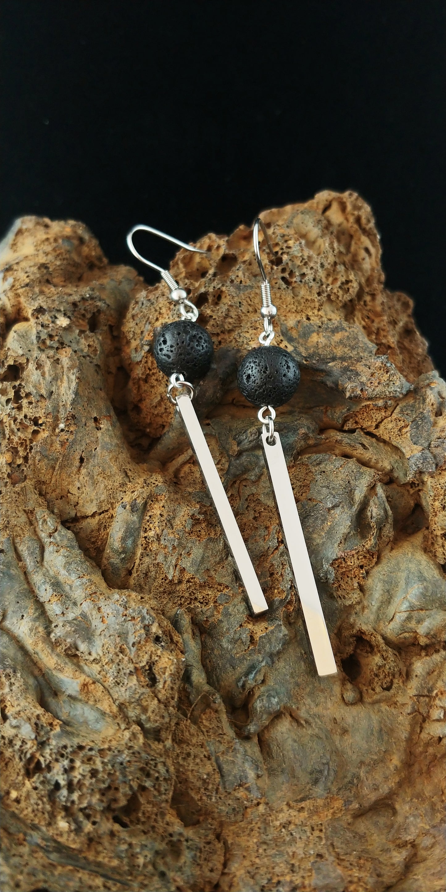 Lava and Silver Bar Earrings