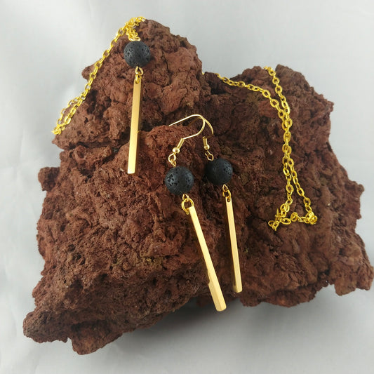The Lava and Golden Bar Jewelry Set - Set of Earrings and Necklace with Golden Stainless Steel Bar and Lava - Monolith Series - Iceland