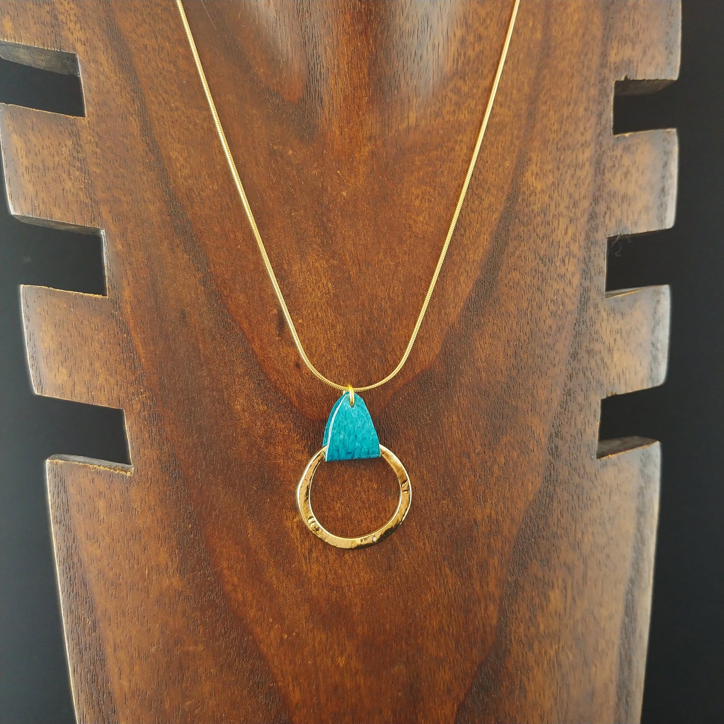 Blue Salmon Leather Golden Circle Necklace - Icelandic Fish Leather Jewelry - Handmade in Iceland