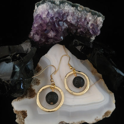 Golden Circle Earrings with Lava Rock