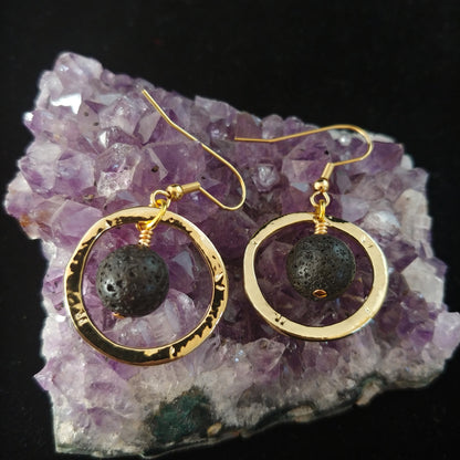 Golden Circle Earrings with Lava Rock