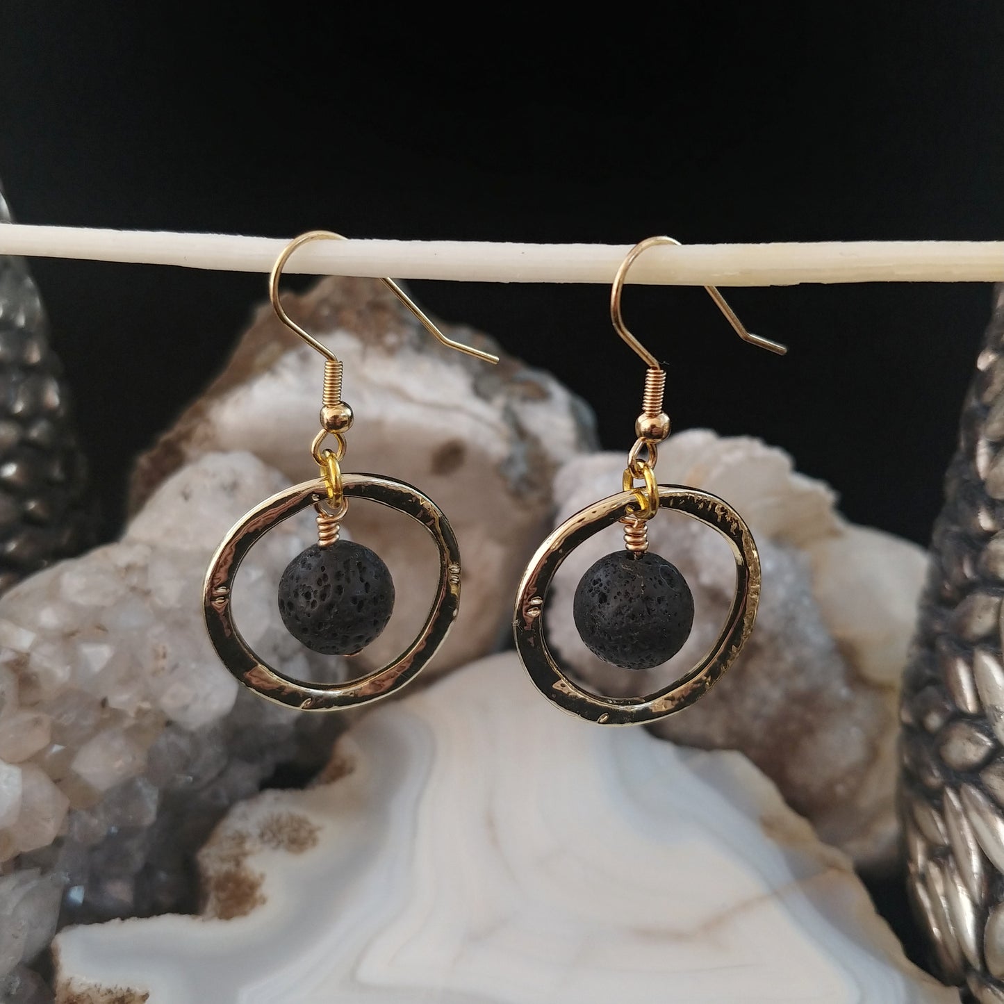 Golden Circle Earrings with Lava Rock