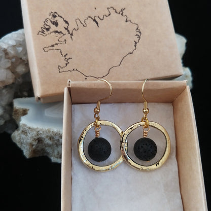 Golden Circle Earrings with Lava Rock