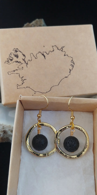 Golden Circle Earrings with Lava Rock