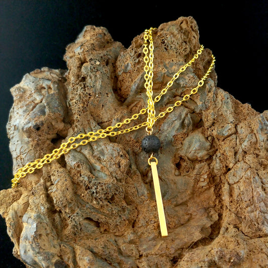 Lava and Gold Bar Pendant - Stainless Steel Necklace