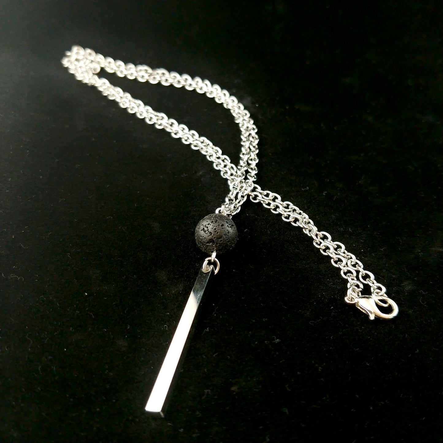 Lava and Silver Bar Pendant - Stainless Steel Necklace