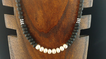 Long Natural Water Pearl Lava Necklace