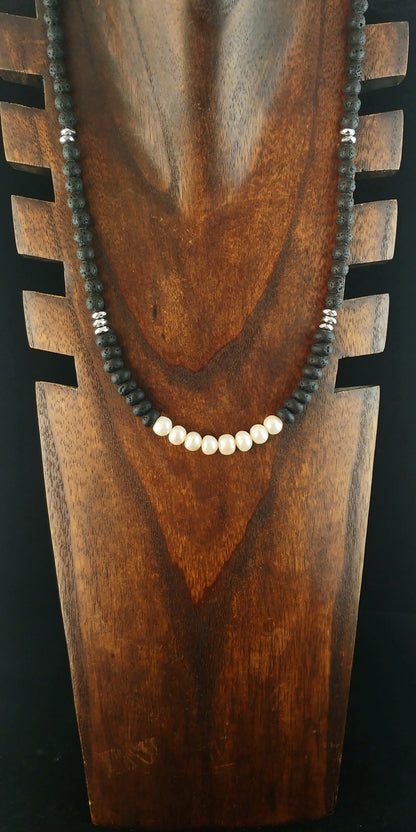 Long Natural Water Pearl Lava Necklace