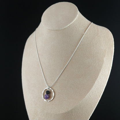 Hammered Silver Circle Necklace with Lava Rock and Amethyst Stones