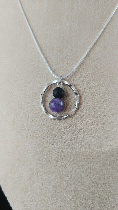 Hammered Silver Circle Necklace with Lava Rock and Amethyst Stones