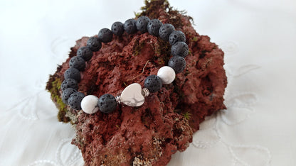 Lava Rock Howlite Heart Bracelet with 2 Howlite Stones