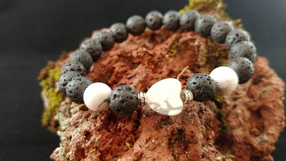 Lava Rock Howlite Heart Bracelet with 2 Howlite Stones