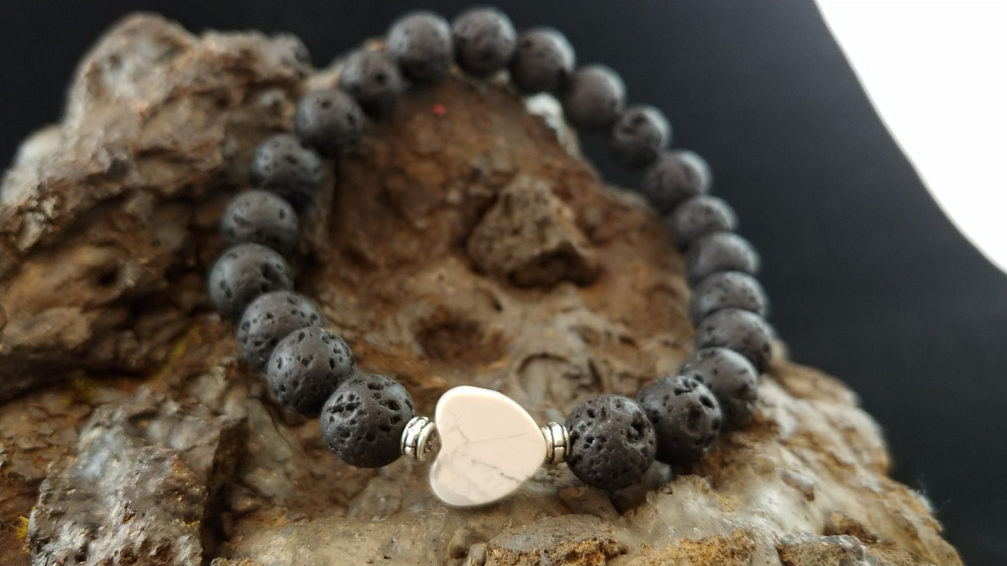 Lava Rock Bracelet with a Heart shaped Howlite on top