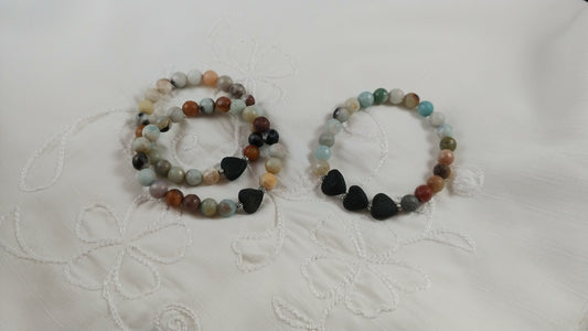 Amazonite Bracelets with Lava Hearts, handmade in Iceland