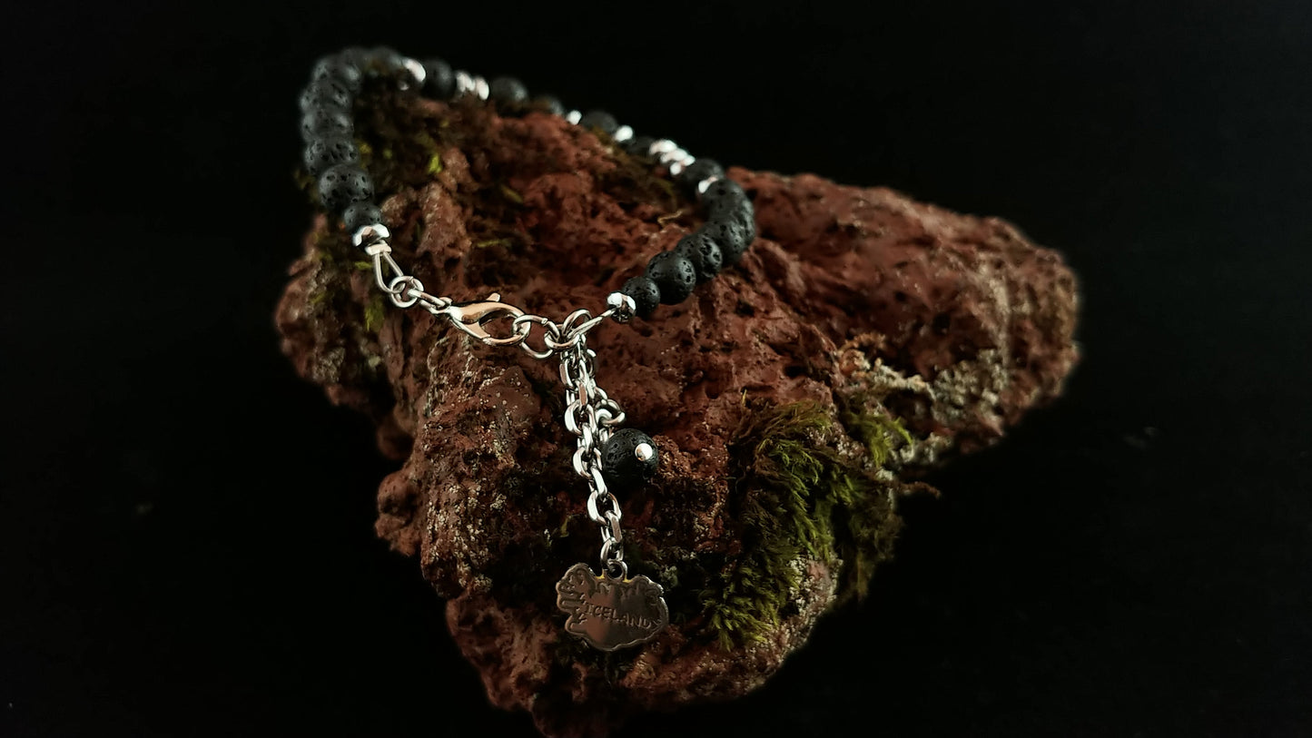 Beaded Hematite and Lava Bracelet with dangling Iceland and Lava Charm - Strung on Wire with Lobster Claw Clasp