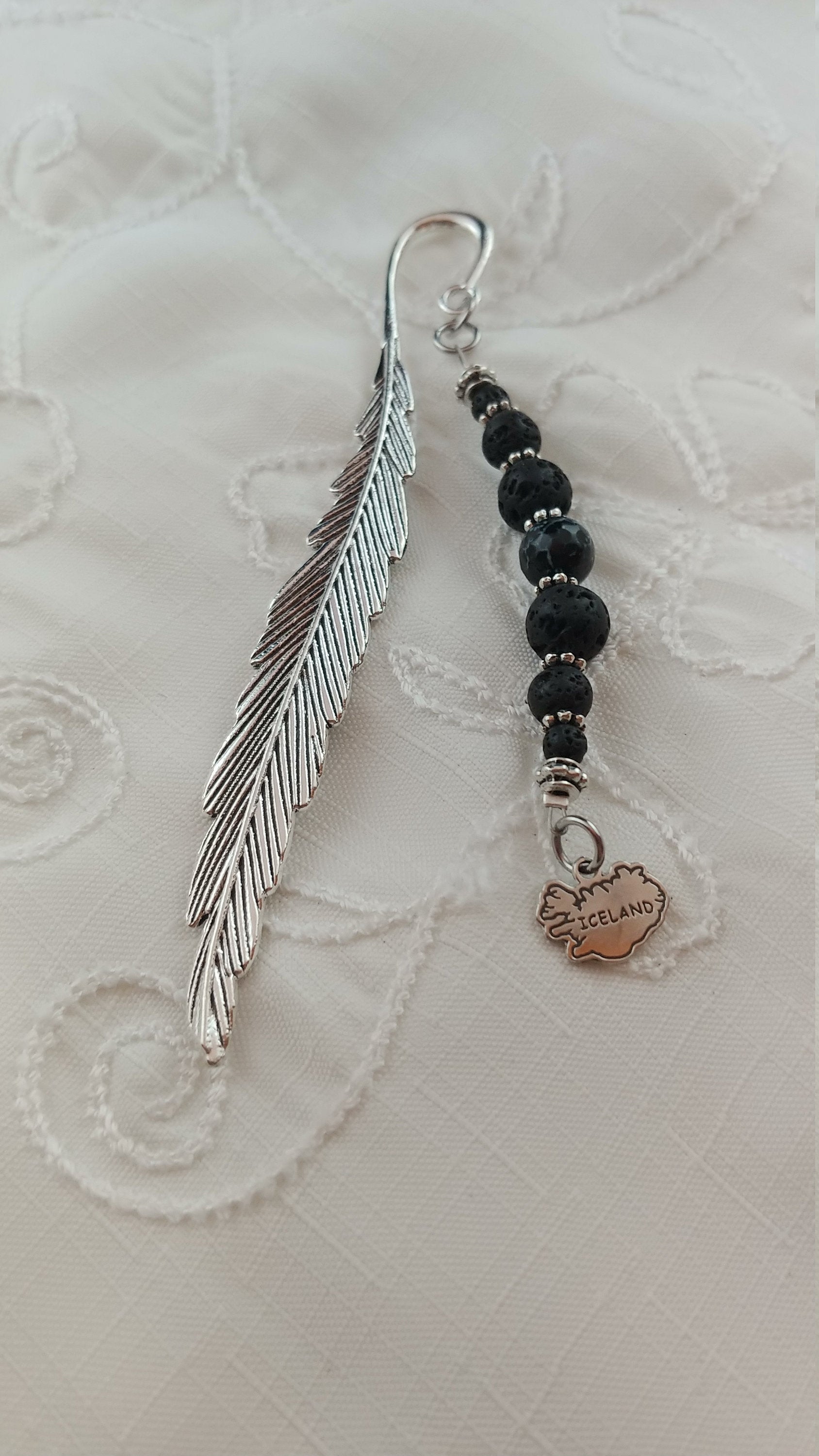 Lava rock and silver Feather Bookmark with silver Iceland Charm
