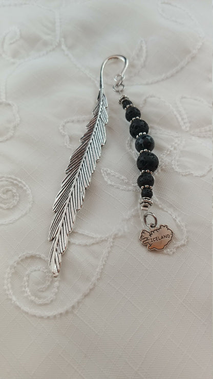 Lava rock and silver Feather Bookmark with silver Iceland Charm