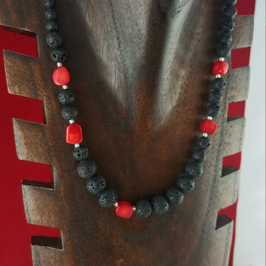 Long Coral stone lava necklace a mix of large and small lava rock beads with red coral stones