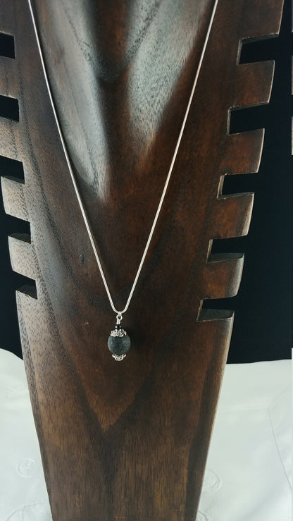 Lava Stone Necklace with Tibetan Silver and Black Glass Bead - 14mm Lava Stone