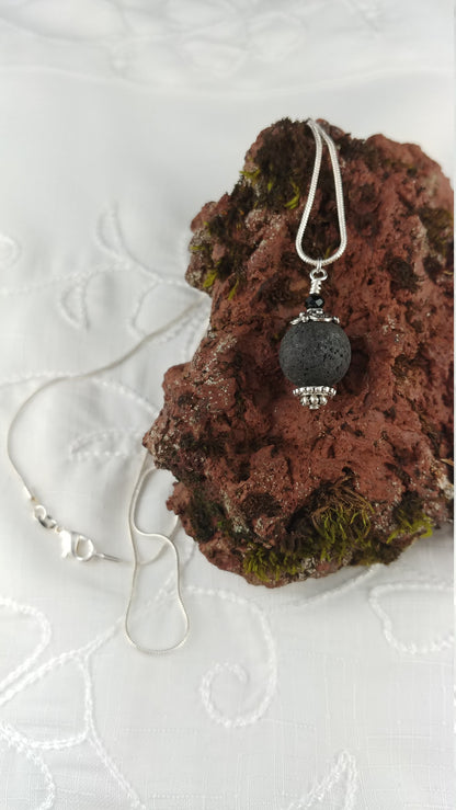 Lava Stone Necklace with Tibetan Silver and Black Glass Bead - 14mm Lava Stone