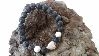 Lava Rock Howlite Heart Bracelet with 2 Howlite Stones