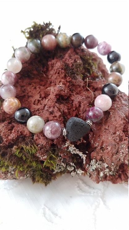 Natural Tourmaline Bracelet with Lava Hearts