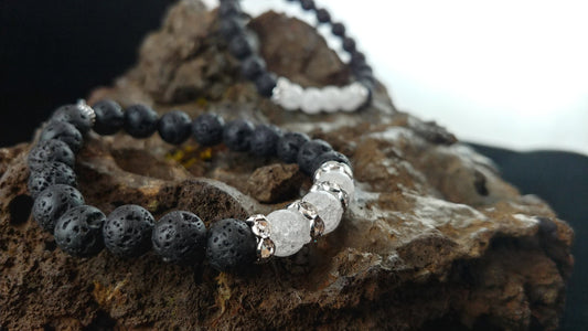 Ice Bracelet - Handmade Lava Bracelet with Crackle Crystal Beads and Rhinestone Spacers - Handmade In Iceland
