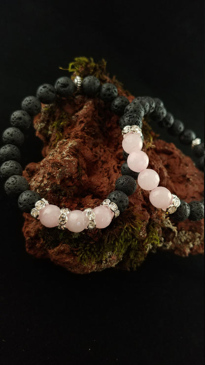 Handmade Lava Bracelet with Rose Quartz Beads and Rhinestone Spacers