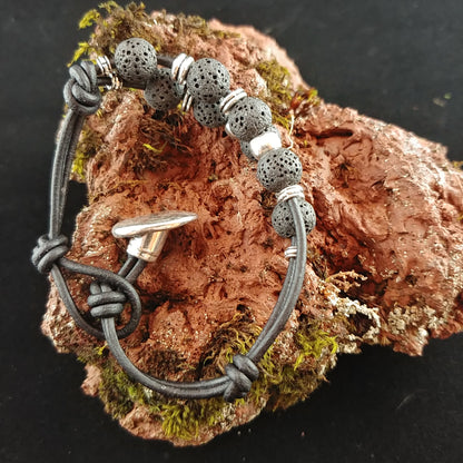 Leather Bracelet with Button Clasp and 8mm Lava Stones