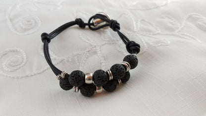 Leather Bracelet with Button Clasp and 8mm Lava Stones