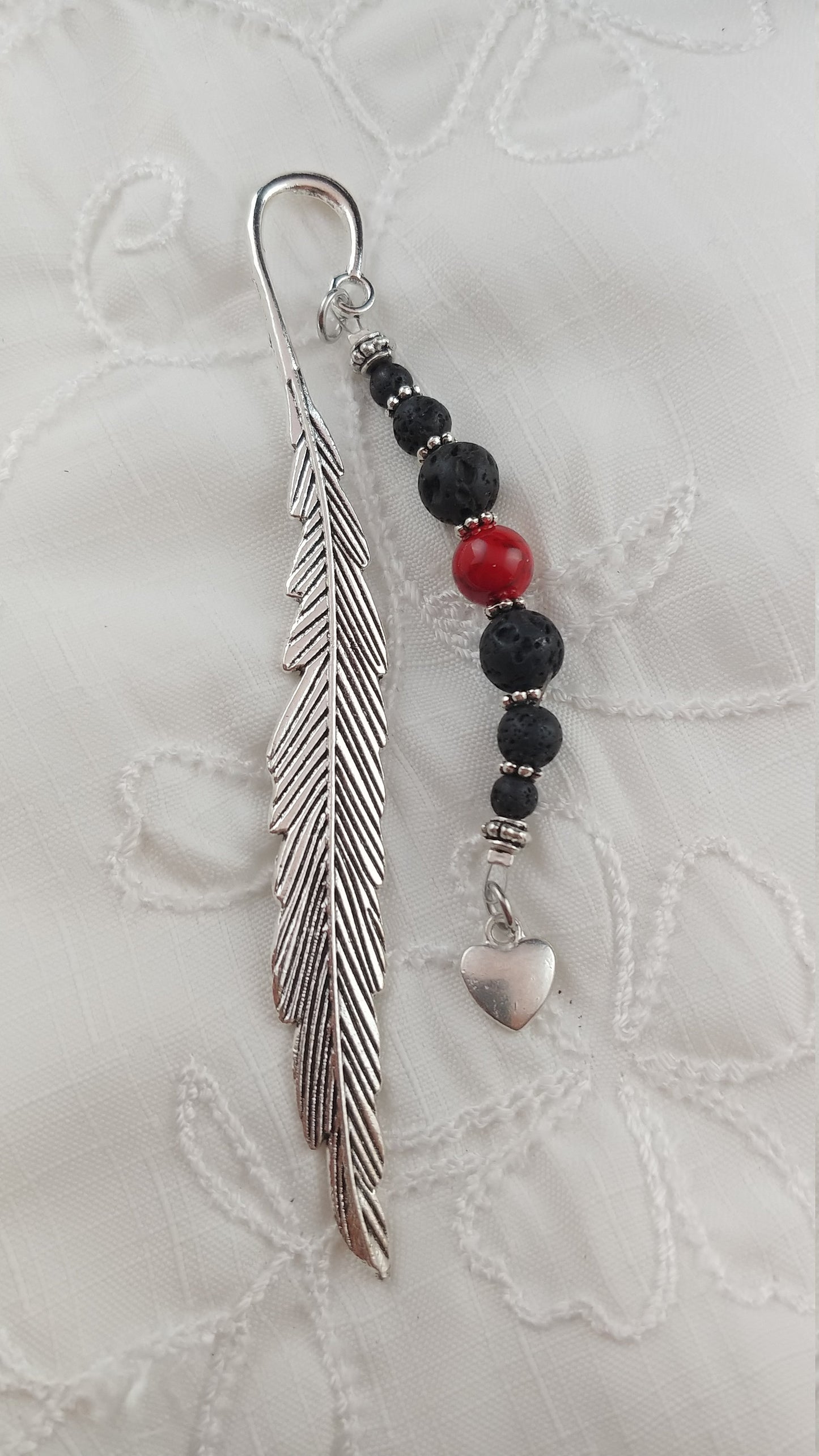 Lava Bookmark with lava rock beads and a red tourquise bead and with a heart charm