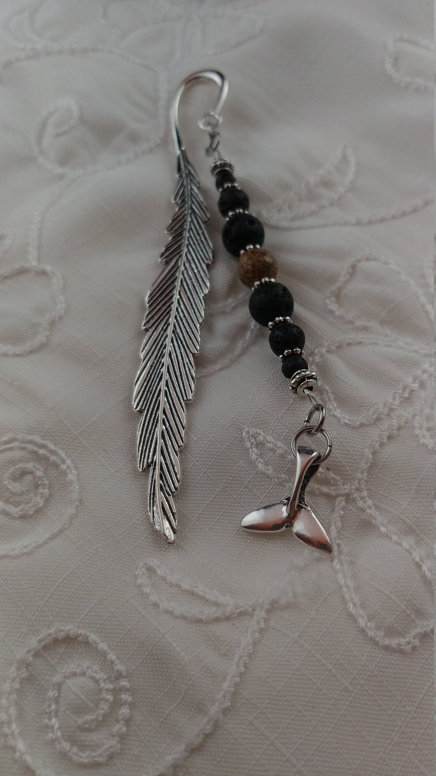 Silver Feather and lava bookmark with Iceland Whale charm