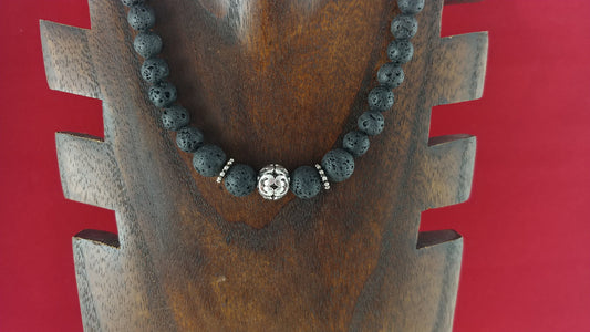 Lava Stone Necklace with Tibetan Silver Charm