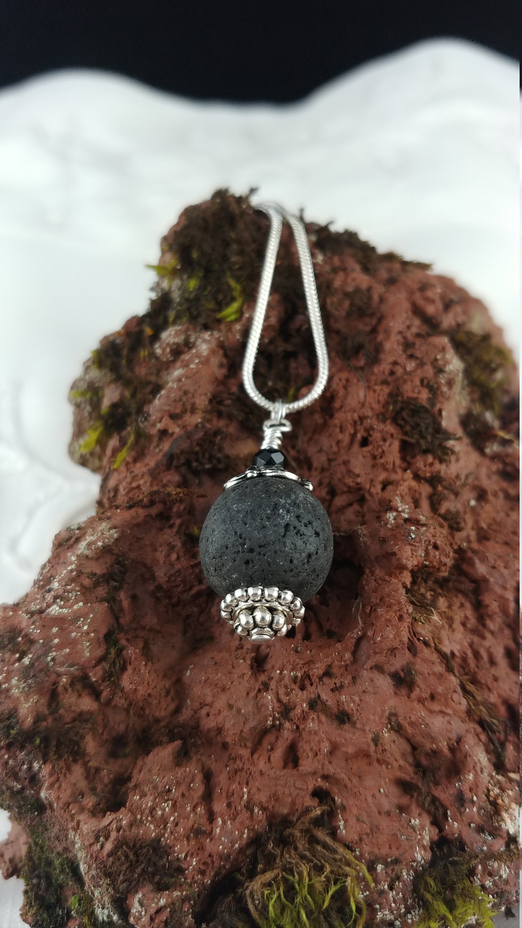 Lava Chain Lava Stone Necklace with Tibetan Silver and Black Glass Bead - 14mm La ...