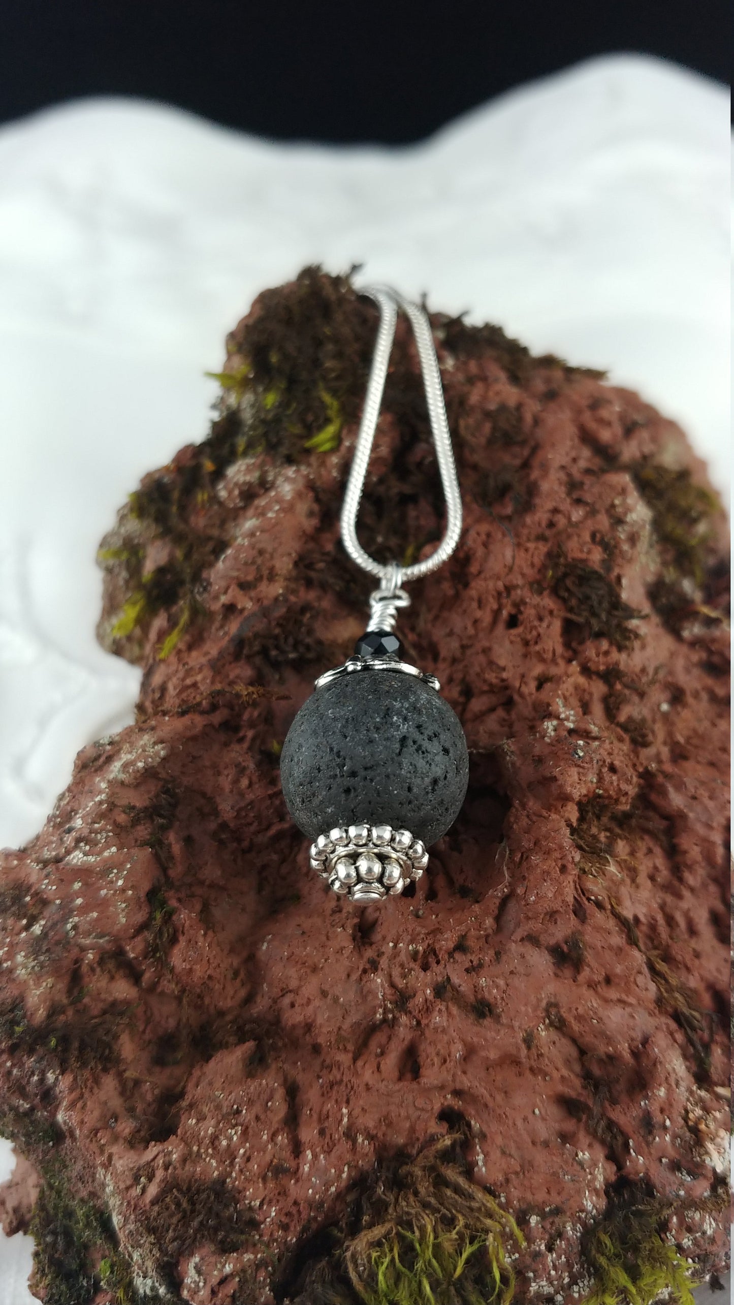 Lava Stone Necklace with Tibetan Silver and Black Glass Bead - 14mm Lava Stone