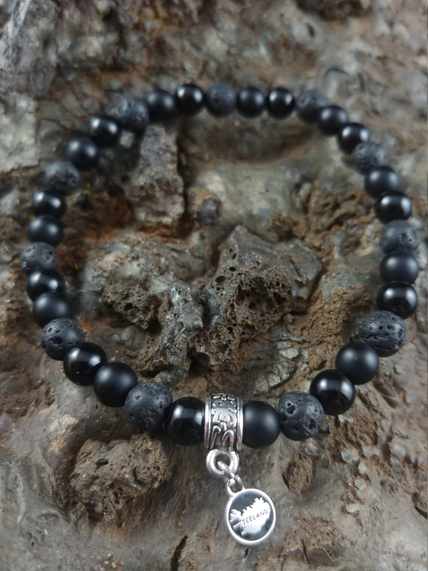 Lava and Onyx Bracelet with Iceland Charm - 2 types