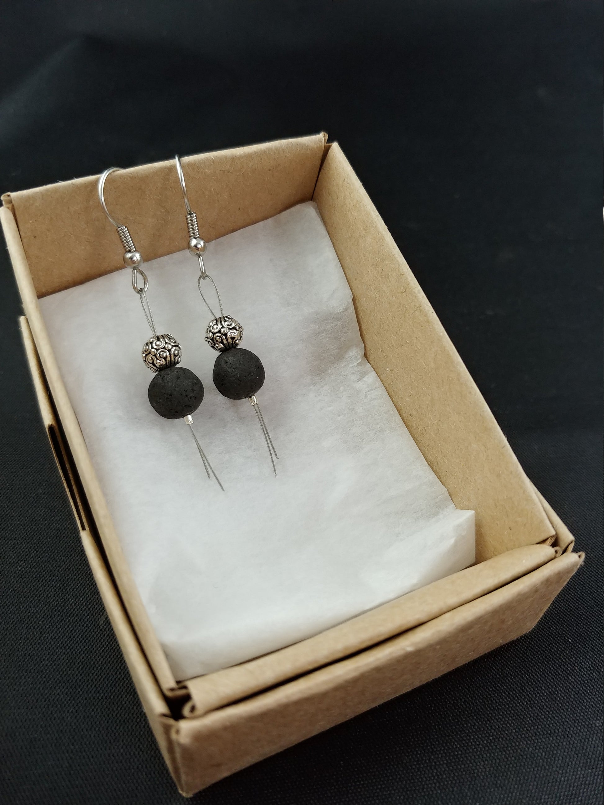Iceland lava earrings with Lava Rock, Round spacer bead, and silver straw